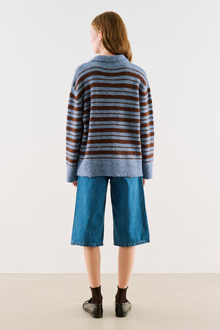 Striped Polo-Collar Knit Sweater Blue