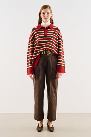 Striped Polo-Collar Knit Sweater Red