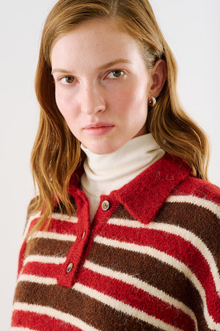 Striped Polo-Collar Knit Sweater Red