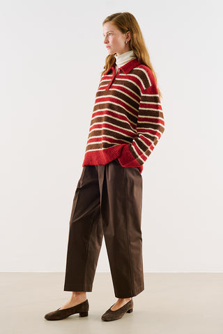 Striped Polo-Collar Knit Sweater Red