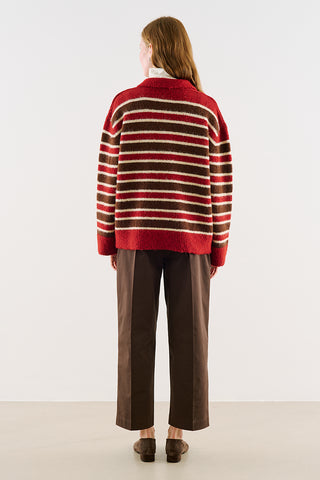 Striped Polo-Collar Knit Sweater Red