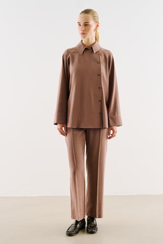 Draped Wrap-Collar Shirt Bark Brown