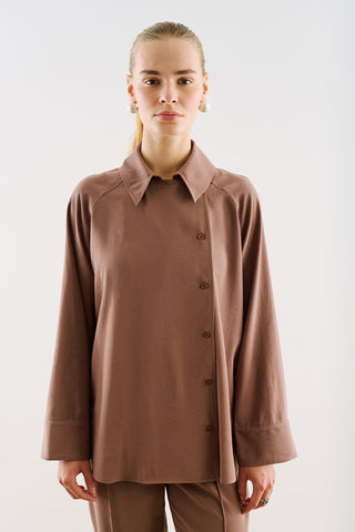 Draped Wrap-Collar Shirt Bark Brown