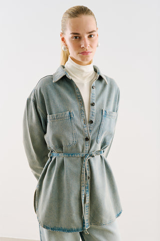 Long Denim Shirt With Pockets Blue