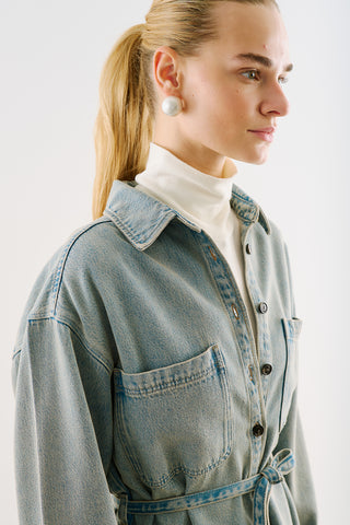 Long Denim Shirt With Pockets Blue