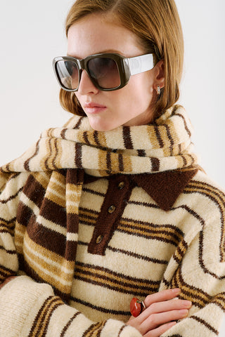 Long Striped Knit Scarf Beige