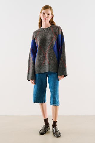 Diamond-Pattern Knit Sweater Blue
