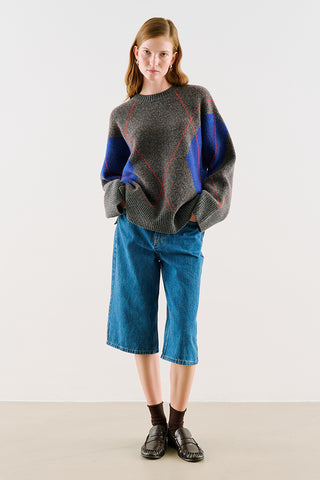 Diamond-Pattern Knit Sweater Blue