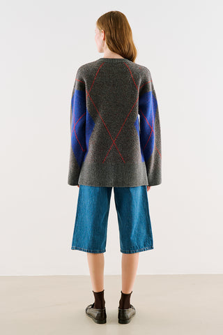 Diamond-Pattern Knit Sweater Blue