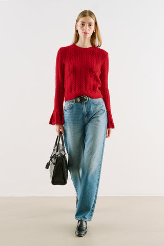 Cable-Knit Sweater With Flounced Sleeves Red