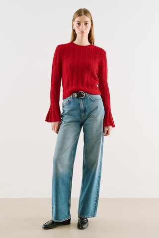 Cable-Knit Sweater With Flounced Sleeves Red