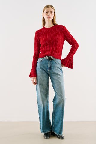 Cable-Knit Sweater With Flounced Sleeves Red
