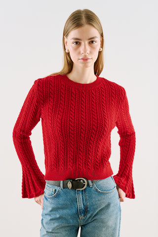 Cable-Knit Sweater With Flounced Sleeves Red