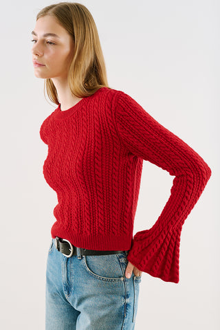 Cable-Knit Sweater With Flounced Sleeves Red