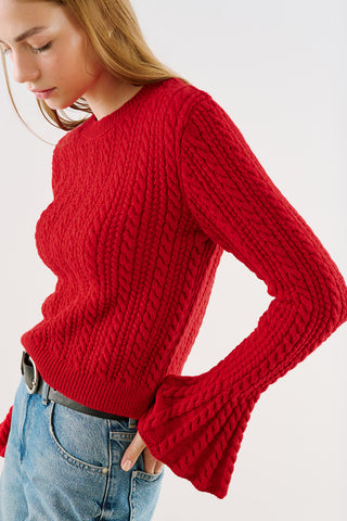Cable-Knit Sweater With Flounced Sleeves Red