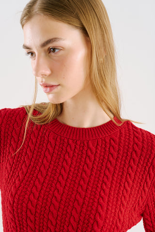 Cable-Knit Sweater With Flounced Sleeves Red