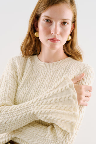 Cable-Knit Sweater With Flounced Sleeves Beige