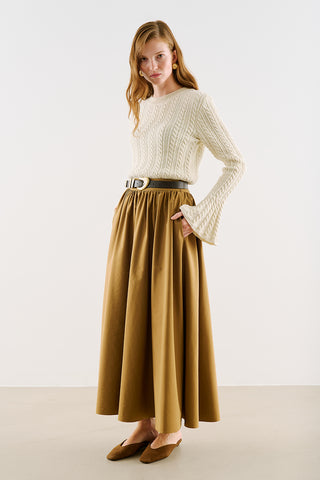 Cable-Knit Sweater With Flounced Sleeves Beige