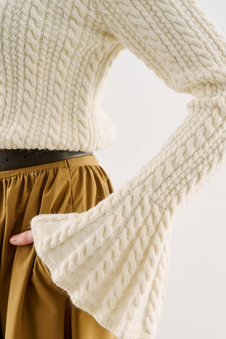 Cable-Knit Sweater With Flounced Sleeves Beige