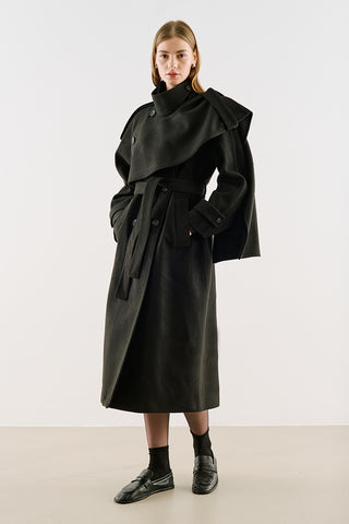 High-Neck Statement Coat With Scarf Detail Black