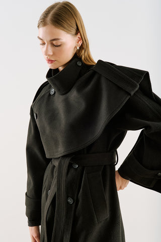 High-Neck Statement Coat With Scarf Detail Black