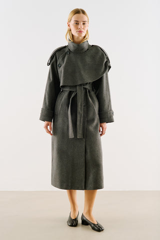 High-Neck Statement Coat With Scarf Detail Anthracite