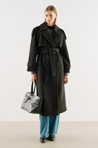 Premium Double-Breasted Wool Trench Coat Black