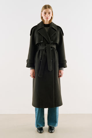 Premium Double-Breasted Wool Trench Coat Black