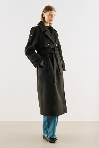 Premium Double-Breasted Wool Trench Coat Black