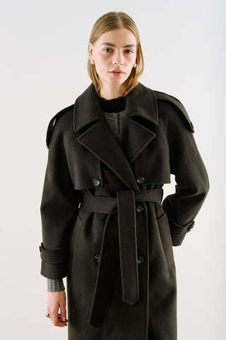 Premium Double-Breasted Wool Trench Coat Black