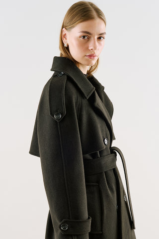 Premium Double-Breasted Wool Trench Coat Black