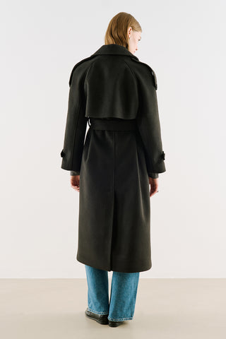 Premium Double-Breasted Wool Trench Coat Black