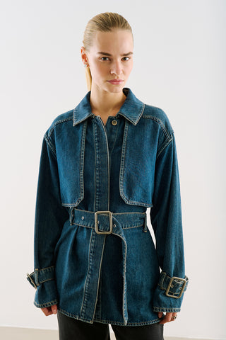 Belted Denim Trench Jacket Blue