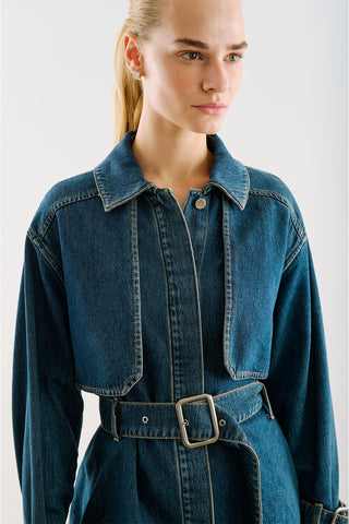 Belted Denim Trench Jacket Blue