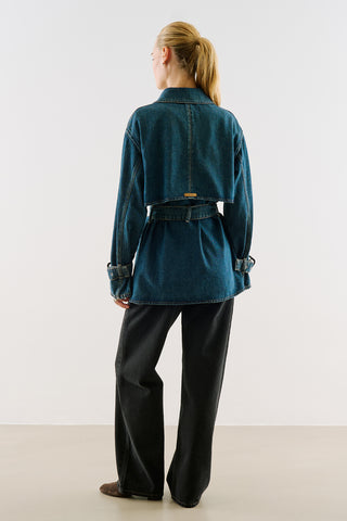 Belted Denim Trench Jacket Blue