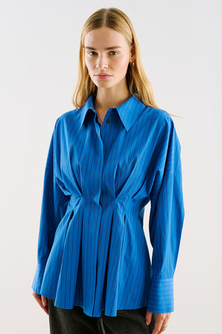 Cropped Printed Shirt With Pleat Detail Blue Striped