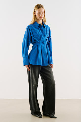 Cropped Printed Shirt With Pleat Detail Blue Striped