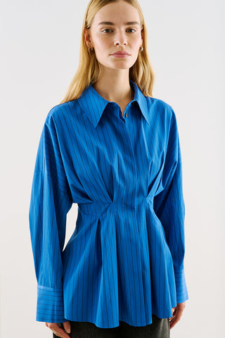 Cropped Printed Shirt With Pleat Detail Blue Striped