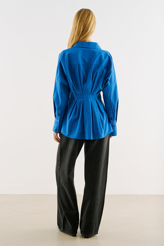 Cropped Printed Shirt With Pleat Detail Blue Striped