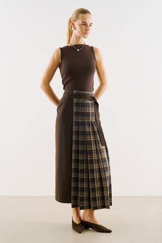 Pleated Checked Skirt With Belt Brown