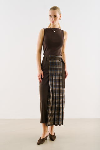 Pleated Checked Skirt With Belt Brown