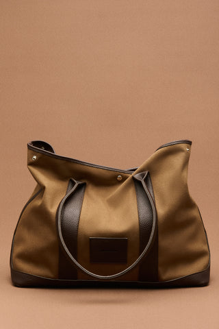 Xl Canvas Tote Bag With Leather Handles Camel