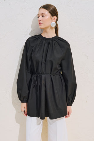 Belted Balloon Sleeve Tunic Black