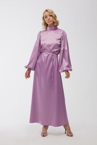 Balloon Sleeve Satin Evening Dress Purple