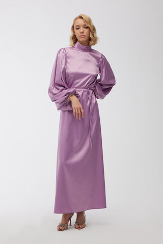 Balloon Sleeve Satin Evening Dress Purple