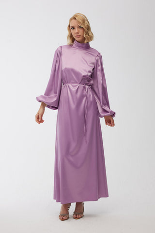 Balloon Sleeve Satin Evening Dress Purple