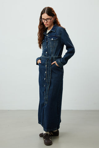 1975 Belted Denim Dress Blue