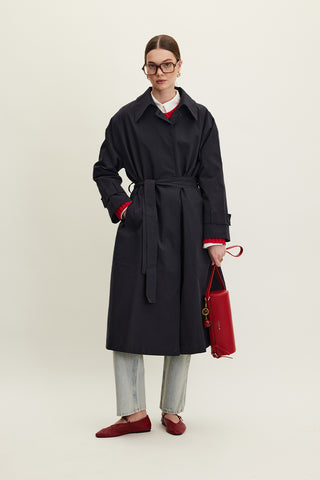 Oversized Belted Gabardine Trench Navy Blue