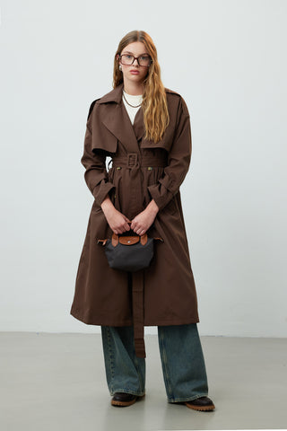 Double-Breasted Trench Coat With Buttons Dark Brown