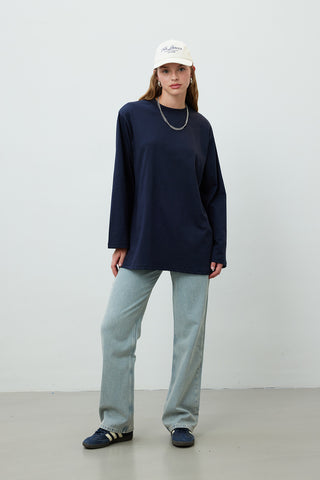 Oversize Cotton Long Sleeve T-Shirt Navy Blue